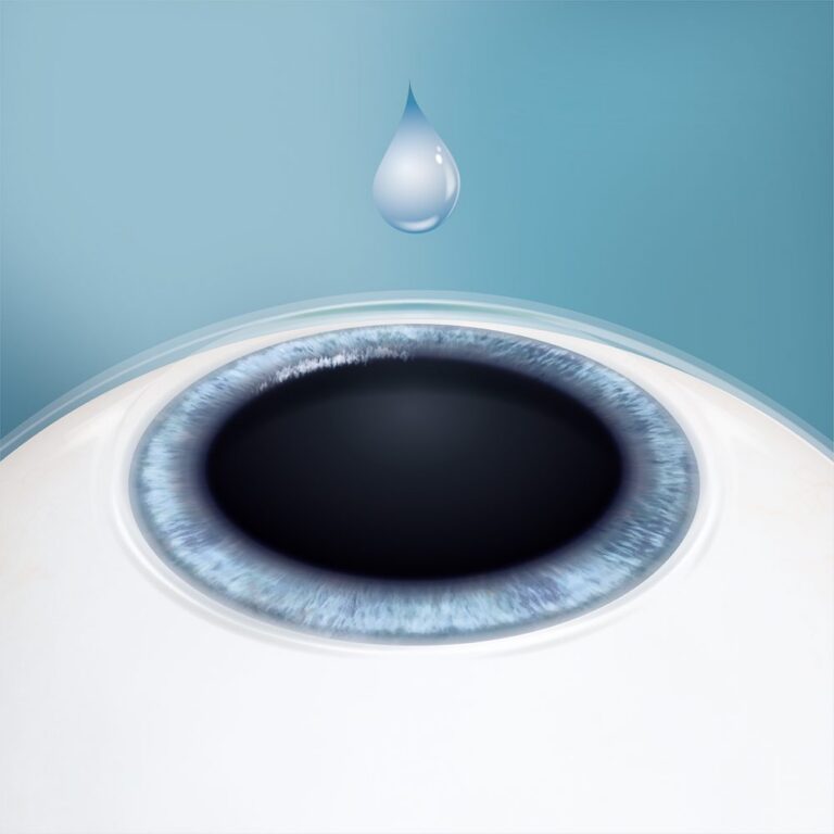 Illustration: Ein Tropfen fällt auf das Auge, die Pupille ist weit